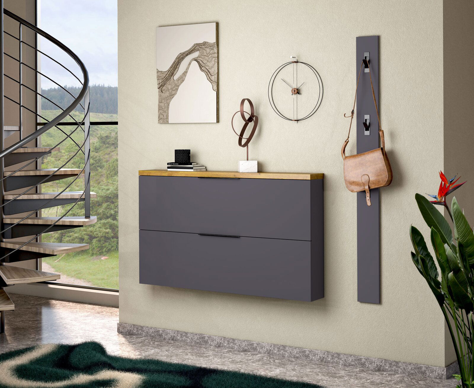 XORA Hängeschuhschrank IDEA ANTHRAZIT Moderner Hängeschuhschrank in Grau mit Holzoberfläche, seitliche Perspektive, dekoriert mit Kunstobjekten und einer Tasche an der Wand.