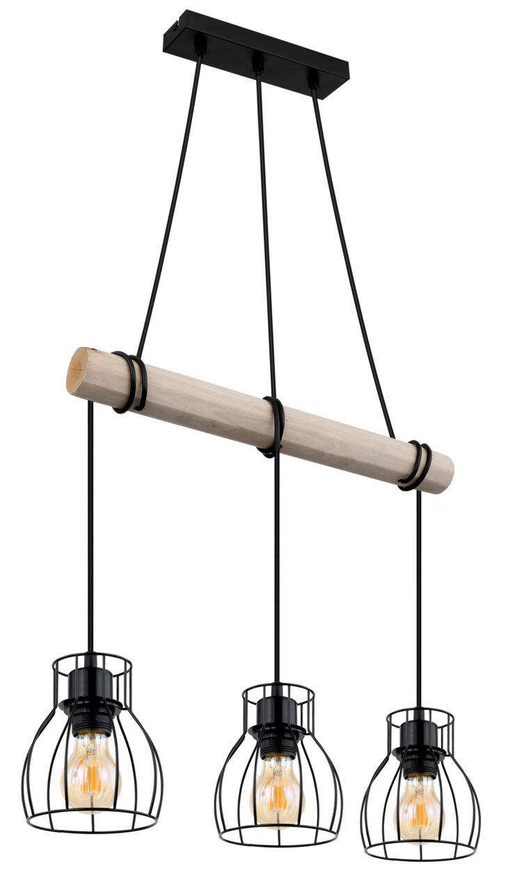 Moderne Hängeleuchte mit drei schwarzen Drahtkäfigen und Holzstab, seitliche Perspektive