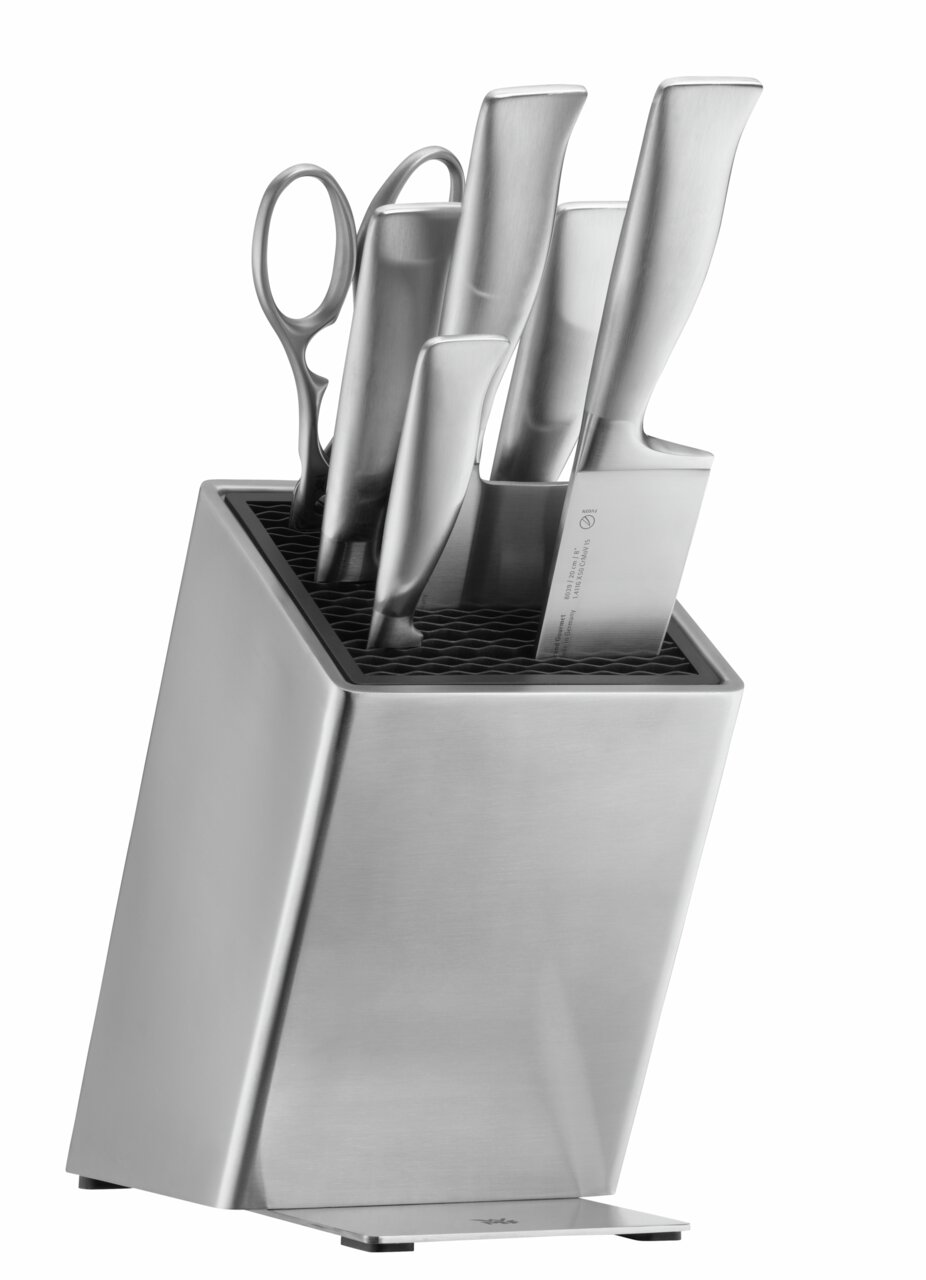 WMF Unbestückter Messerblock Silberner Messerblock mit mehreren Messern und einer Schere, seitliche Perspektive