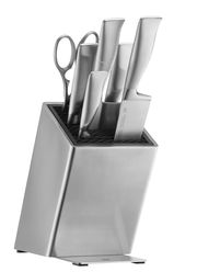 Silberner Messerblock mit mehreren Messern und einer Schere, seitliche Perspektive