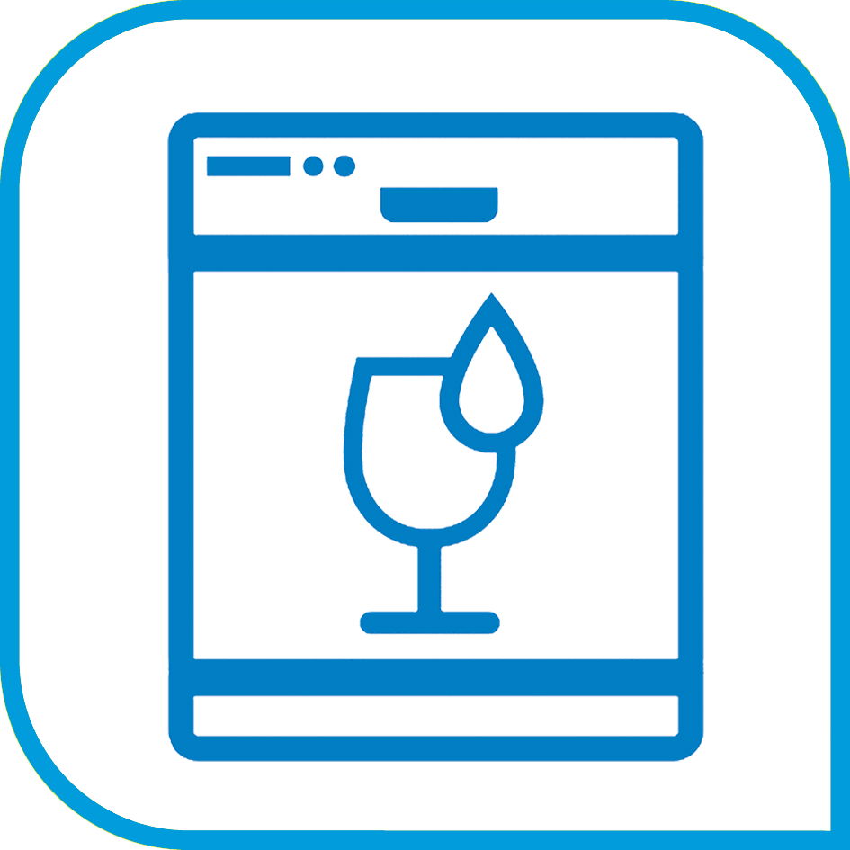 Symbol eines Weinglases mit einem Wassertropfen, das auf eine Spülmaschine hinweist, aus der Vorderansicht.