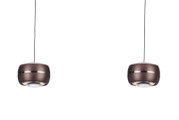 Zwei moderne LED-Hängeleuchten in brauner Metalloptik, von vorne betrachtet, mit schwarzem Kabel.