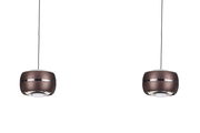 Zwei moderne LED-Hängeleuchten in brauner Metalloptik, von vorne betrachtet, mit schwarzem Kabel.