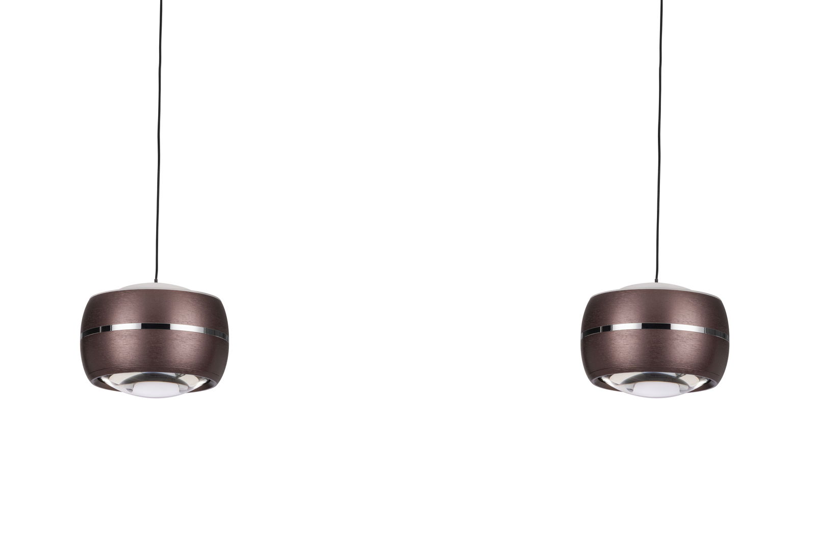 Zwei moderne LED-Hängeleuchten in brauner Metalloptik, von vorne betrachtet, mit schwarzem Kabel.
