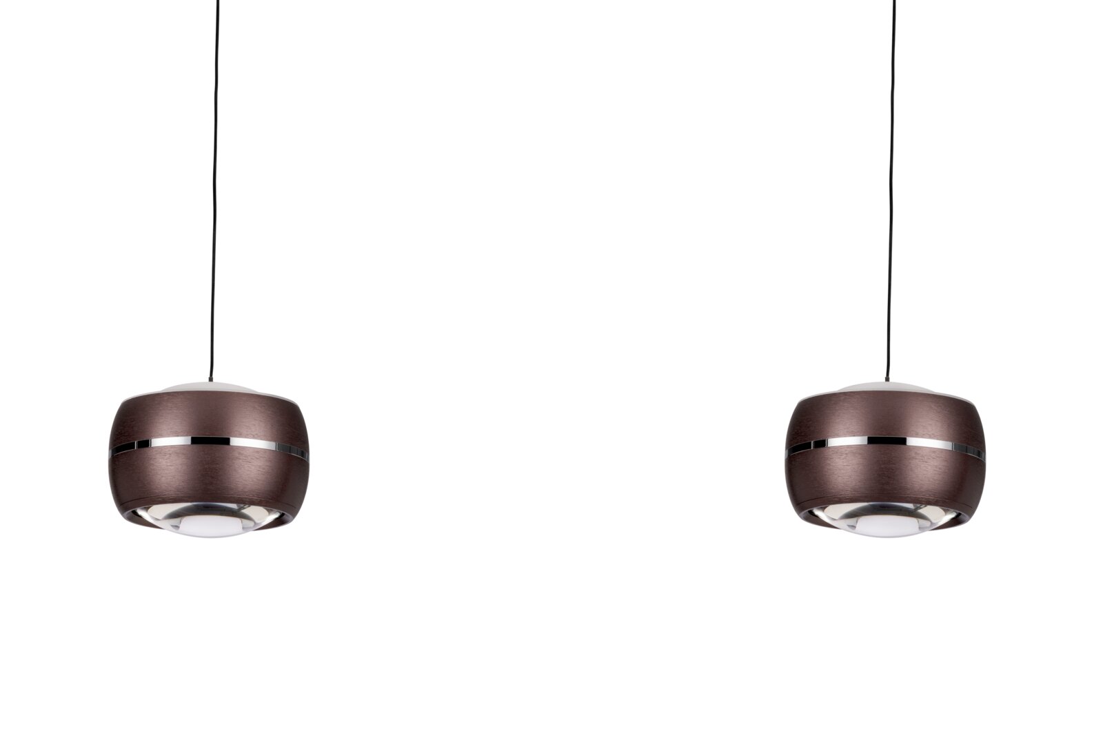 Twee moderne LED-hanglampen in bruine metaallook, gezien vanaf de voorkant, met een zwarte kabel.
