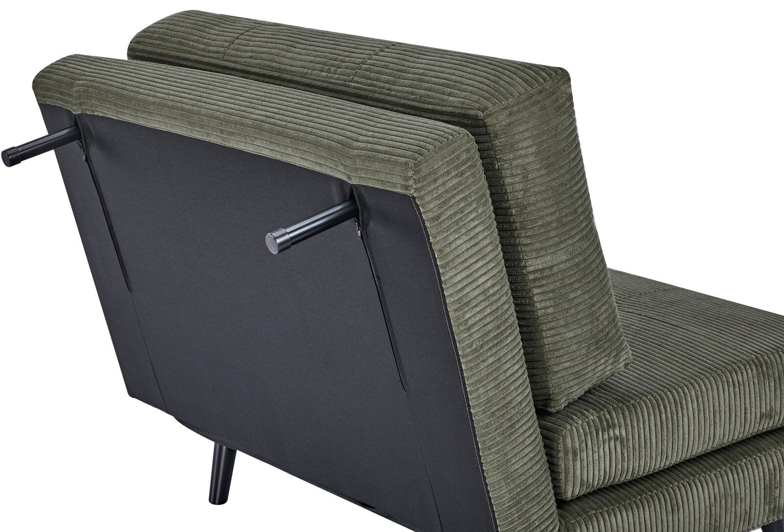 Rückansicht eines grünen Funktionssessels mit geripptem Stoffbezug und schwarzen Metallbeinen.