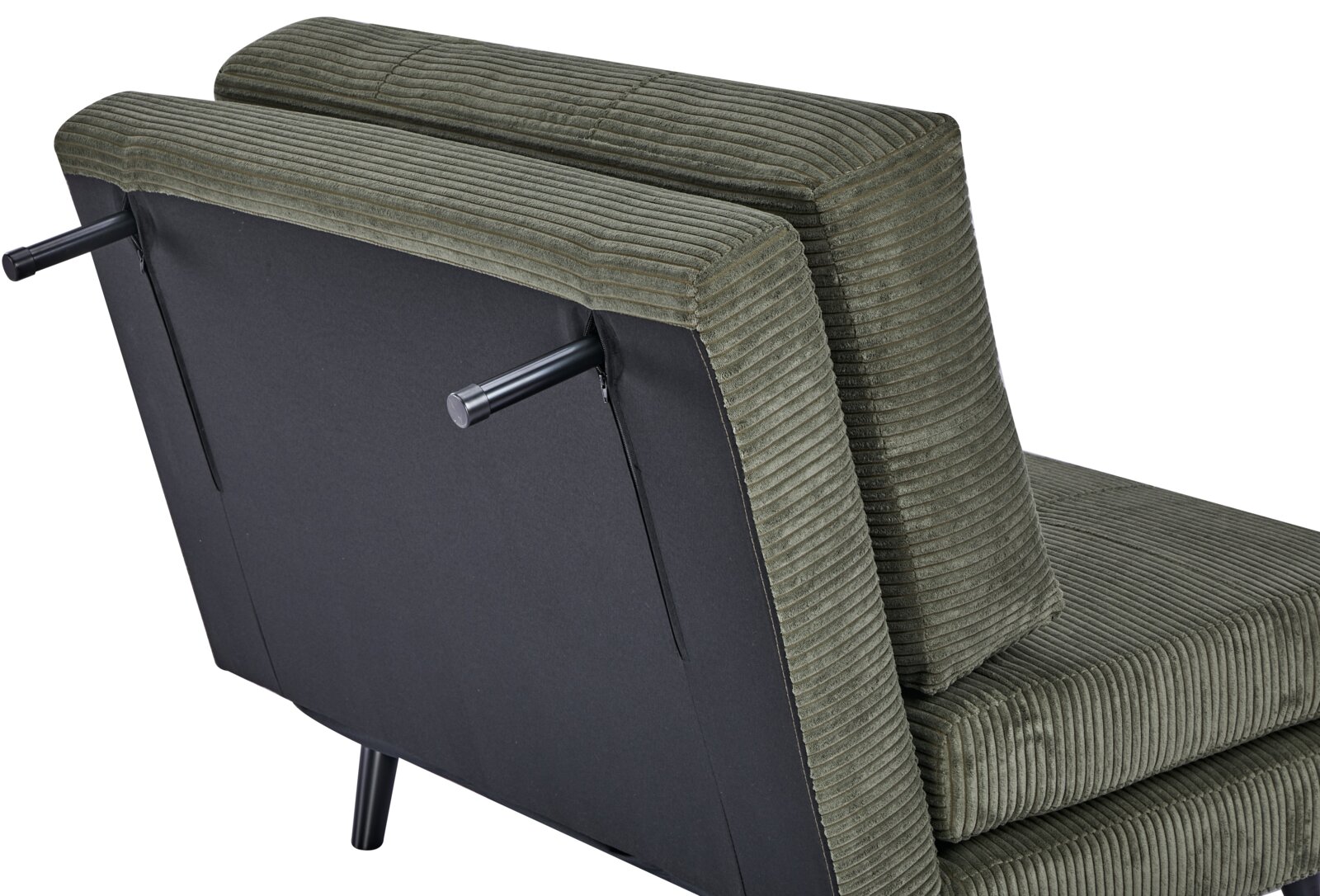 Achterkant van een groene bureaustoel met geribbelde stoffen bekleding en zwarte metalen poten.