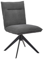 Grauer, moderner Stuhl mit geripptem Stoffbezug und schwarzem Metallgestell, seitliche Perspektive