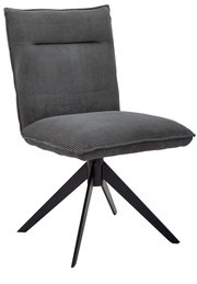 Grauer, moderner Stuhl mit geripptem Stoffbezug und schwarzem Metallgestell, seitliche Perspektive