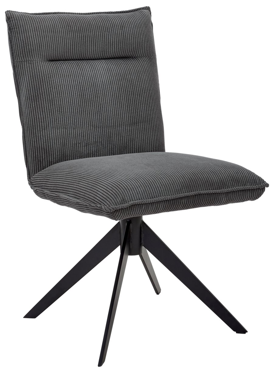 Grauer, moderner Stuhl mit geripptem Stoffbezug und schwarzem Metallgestell, seitliche Perspektive