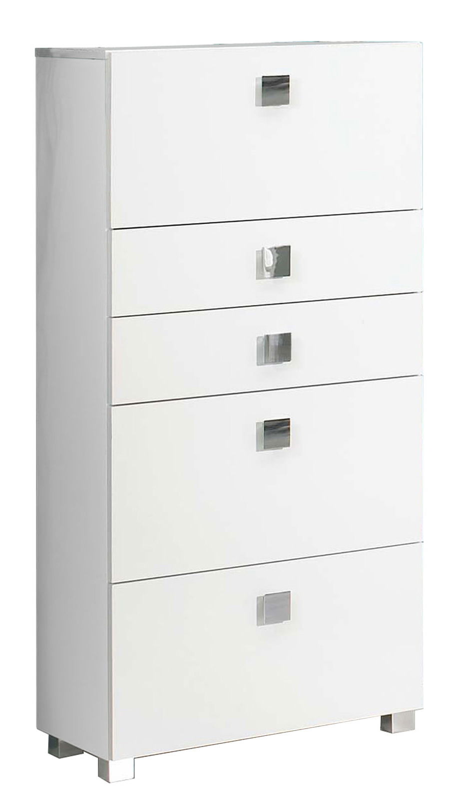 Weißes Highboard mit fünf Schubladen, seitliche Perspektive