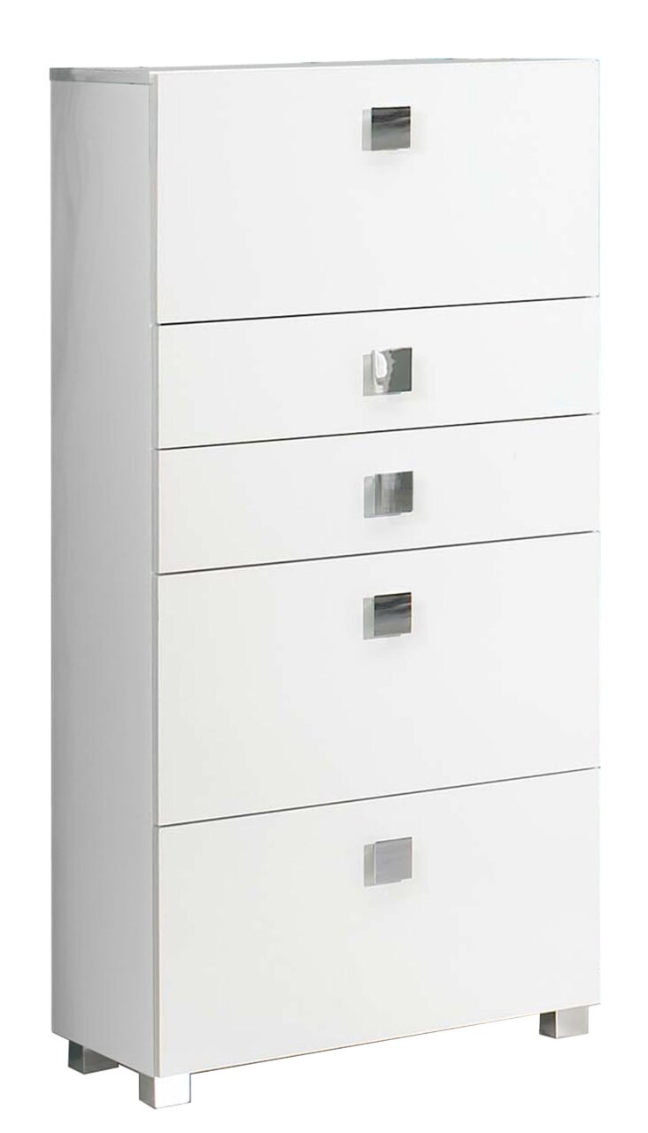 Weißes Highboard mit fünf Schubladen, seitliche Perspektive