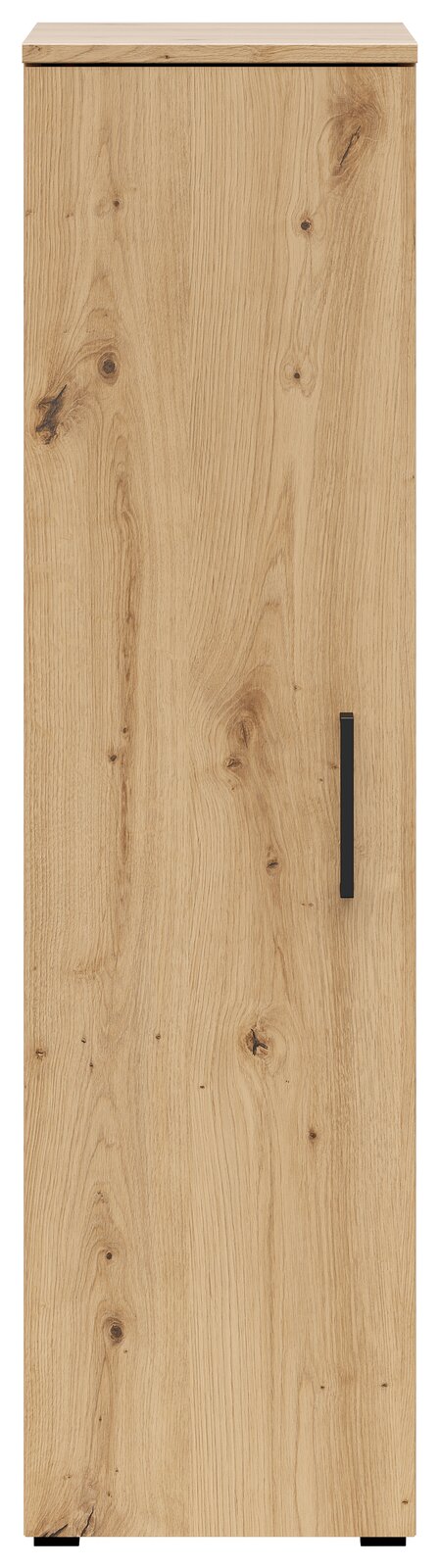 Frontansicht eines Mehrzweckschranks mit Holzoptik und schwarzem Griff