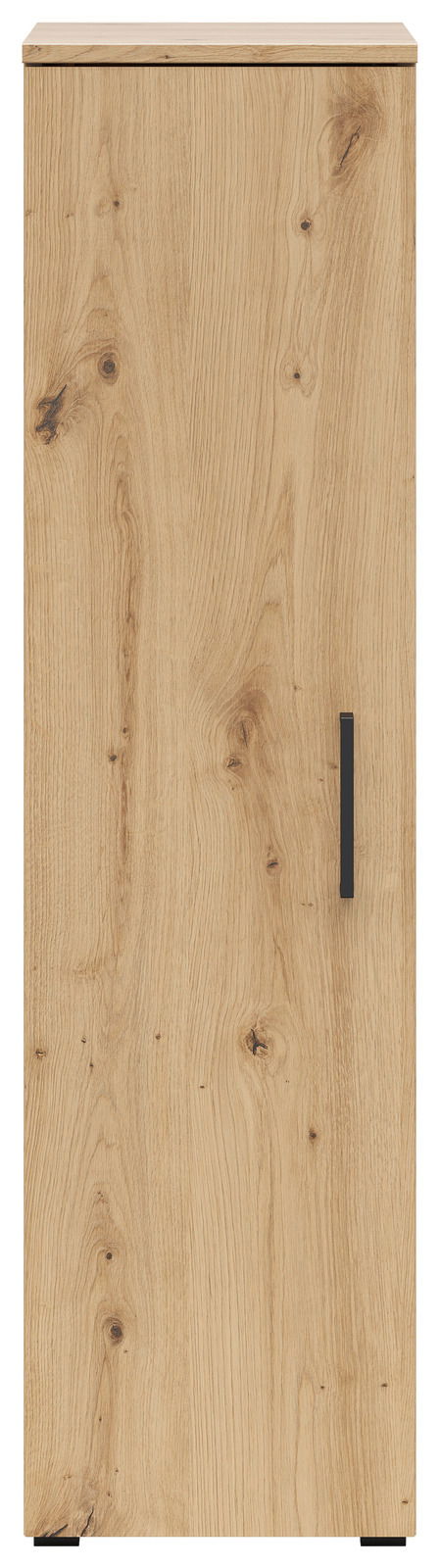 Frontansicht eines Mehrzweckschranks mit Holzoptik und schwarzem Griff