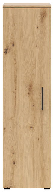 Frontansicht eines Mehrzweckschranks mit Holzoptik und schwarzem Griff