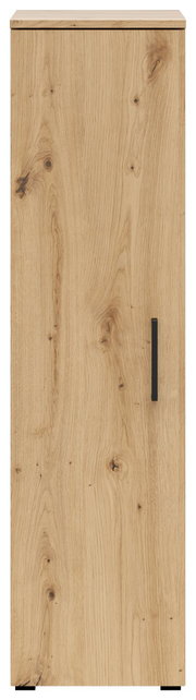 Frontansicht eines Mehrzweckschranks mit Holzoptik und schwarzem Griff