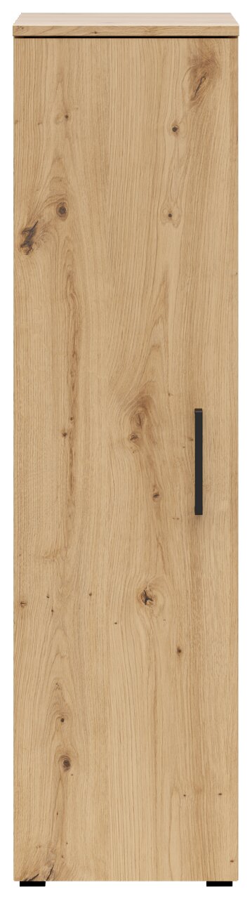 Frontansicht eines Mehrzweckschranks mit Holzoptik und schwarzem Griff