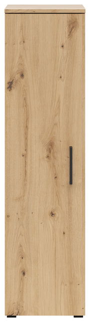 Frontansicht eines Mehrzweckschranks mit Holzoptik und schwarzem Griff