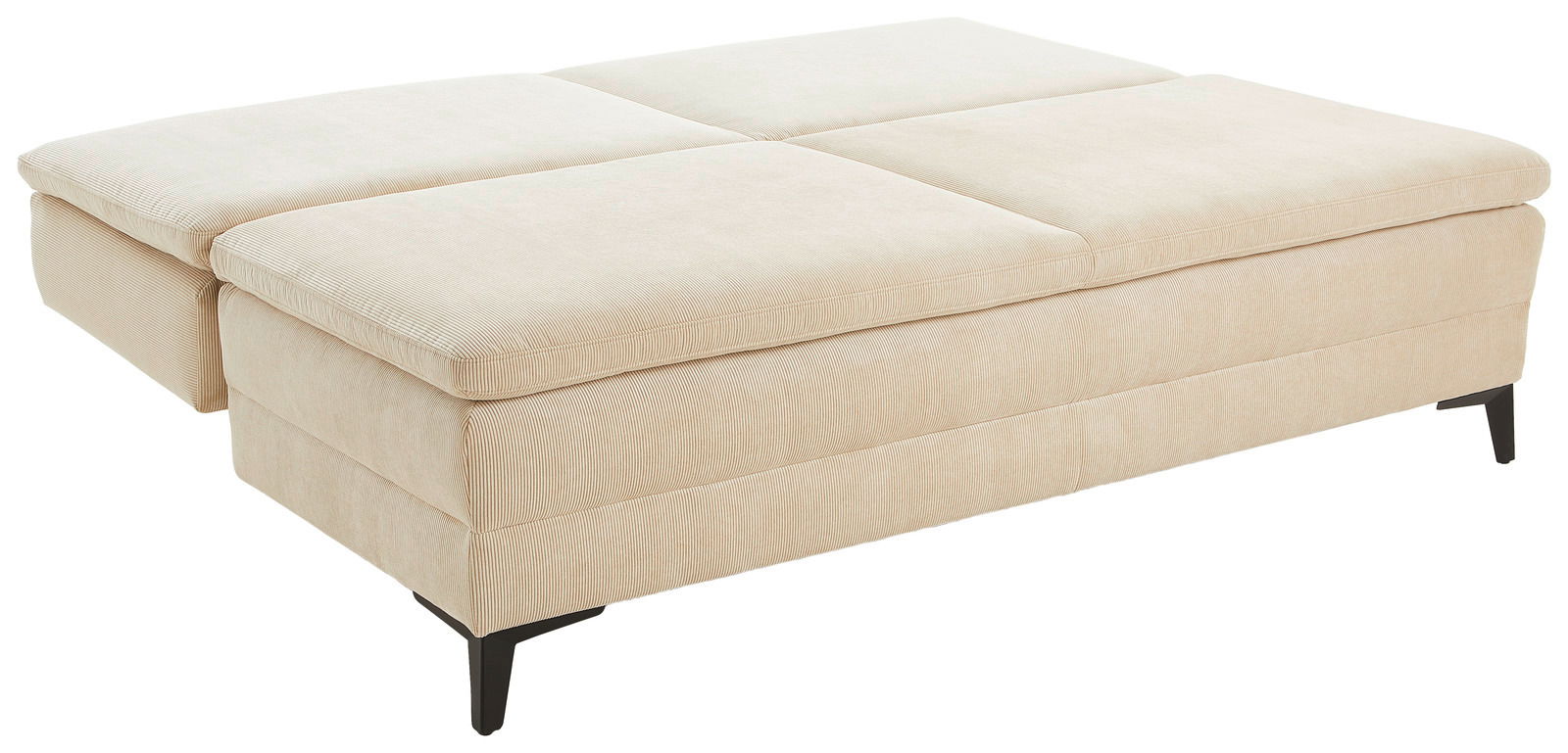 Beige Querschläfer-Sofa mit Hubbeschlag, seitliche Perspektive