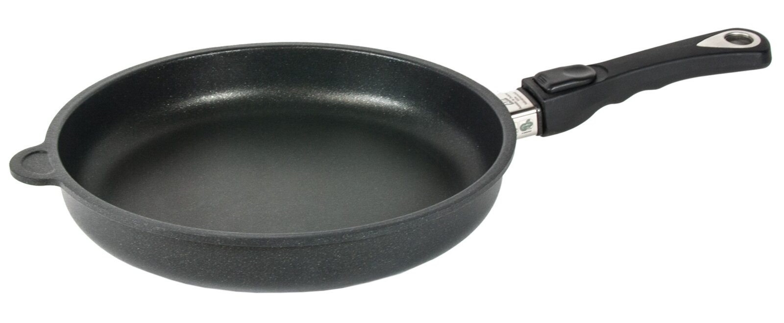 AMT Koekenpan Ø28 cm Bratpfanne mit einem Durchmesser von 28 cm, seitliche Perspektive, schwarzes Design mit abnehmbarem Griff.