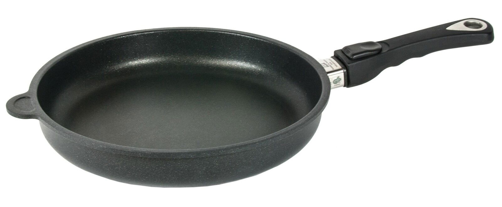 Bratpfanne mit einem Durchmesser von 28 cm, seitliche Perspektive, schwarzes Design mit abnehmbarem Griff.