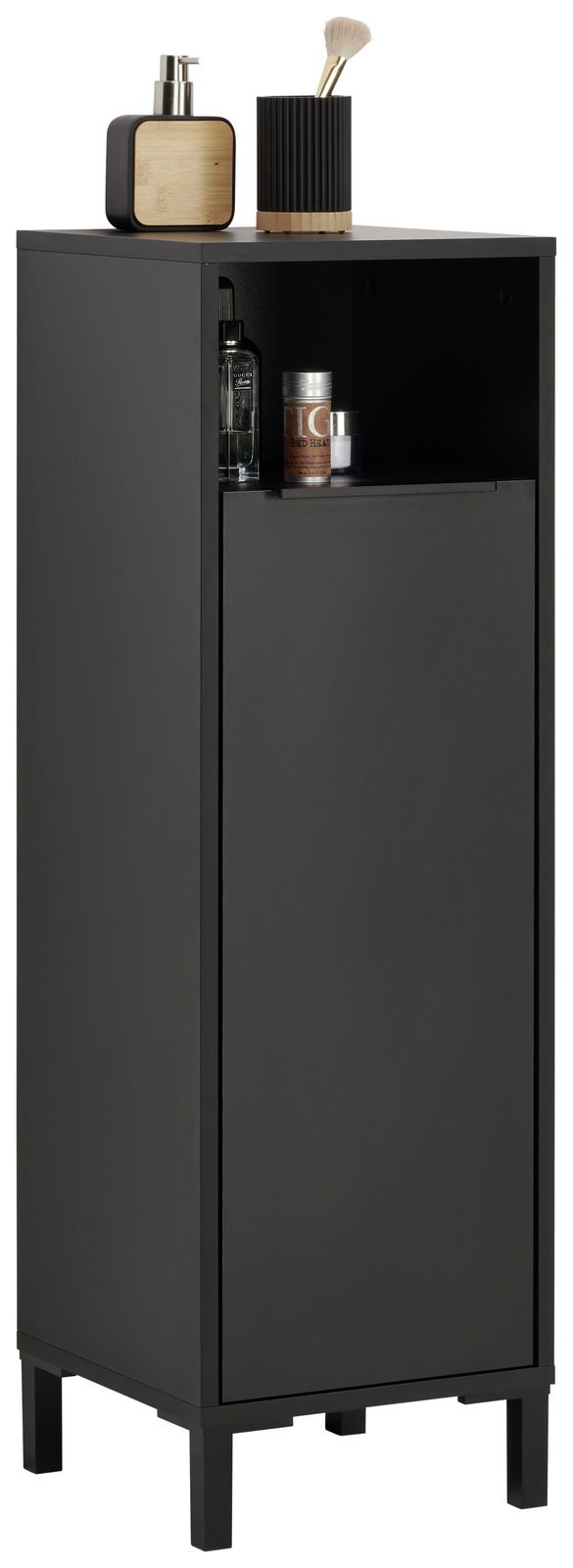 Stylife Unterschrank INOVA Schwarzer Unterschrank mit offenem Fach und Tür, von vorne betrachtet. Auf der Oberseite befinden sich ein Seifenspender und ein Becher mit Pinsel.