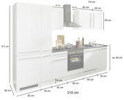 Küchenblock 310 JAZZ in weißer Farbe, bestehend aus mehreren Schränken und einem Herd, mit Abzugshaube und Spüle, Gesamtbreite 310 cm, Höhe 211 cm, seitliche Perspektive.