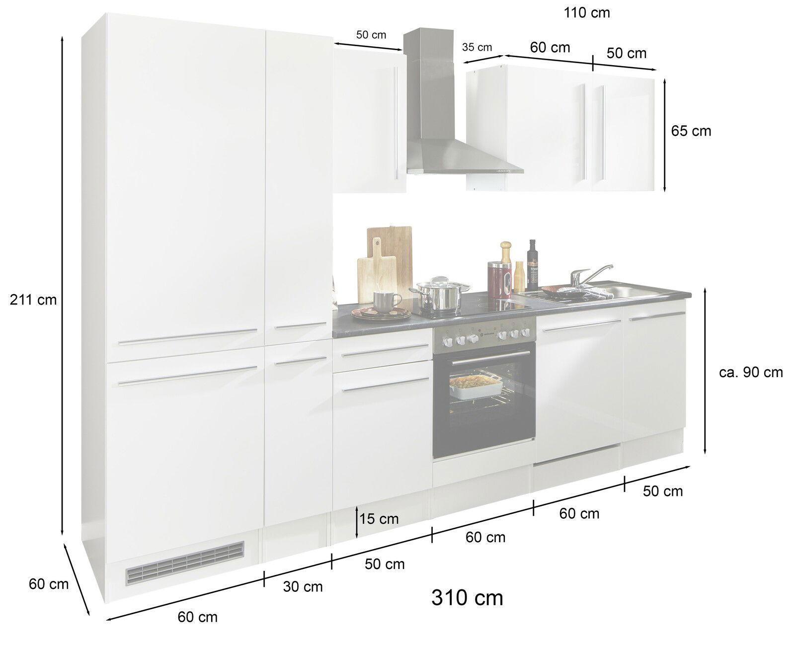 Küchenblock 310 JAZZ in weißer Farbe, bestehend aus mehreren Schränken und einem Herd, mit Abzugshaube und Spüle, Gesamtbreite 310 cm, Höhe 211 cm, seitliche Perspektive.
