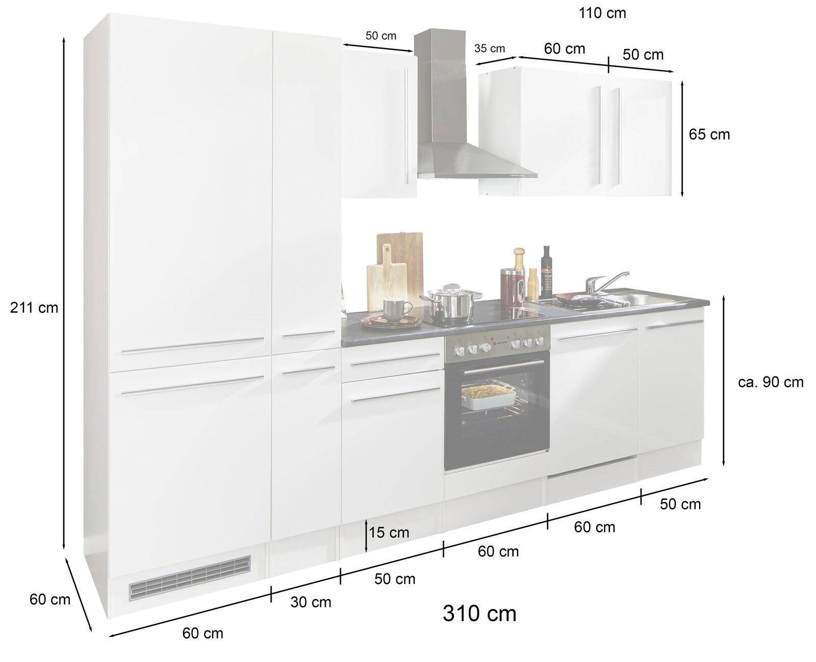 Küchenblock 310 JAZZ in weißer Farbe, bestehend aus mehreren Schränken und einem Herd, mit Abzugshaube und Spüle, Gesamtbreite 310 cm, Höhe 211 cm, seitliche Perspektive.