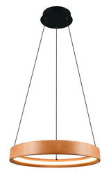 Moderne Pendelleuchte aus Holz in Ringform, von unten betrachtet, mit schwarzer Deckenhalterung und dünnen Kabeln.