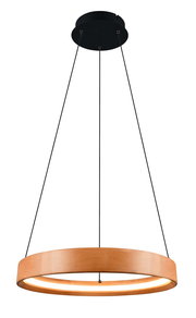 Moderne Pendelleuchte aus Holz in Ringform, von unten betrachtet, mit schwarzer Deckenhalterung und dünnen Kabeln.