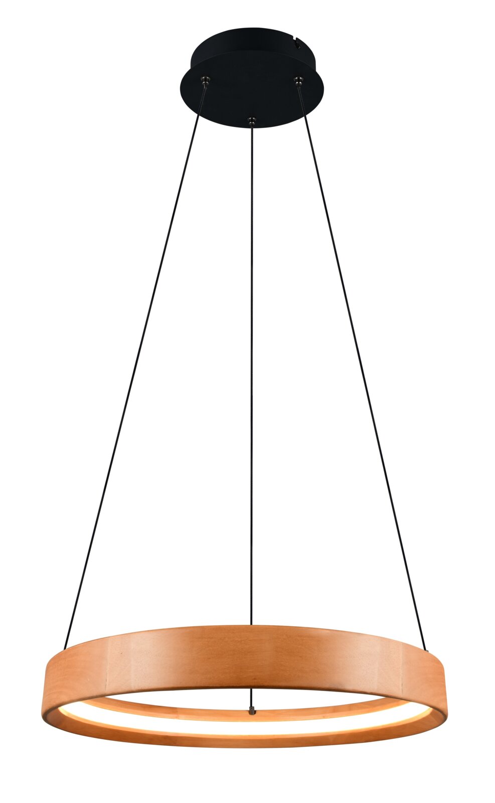 Moderne Pendelleuchte aus Holz in Ringform, von unten betrachtet, mit schwarzer Deckenhalterung und dünnen Kabeln.