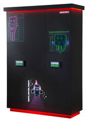 Schwarzer dreitüriger Kleiderschrank mit Minecraft-Motiven und roter LED-Beleuchtung, Frontalansicht