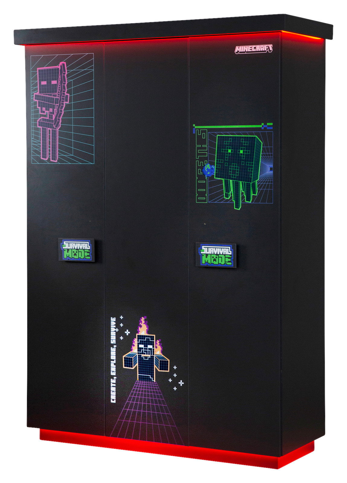 Schwarzer dreitüriger Kleiderschrank mit Minecraft-Motiven und roter LED-Beleuchtung, Frontalansicht
