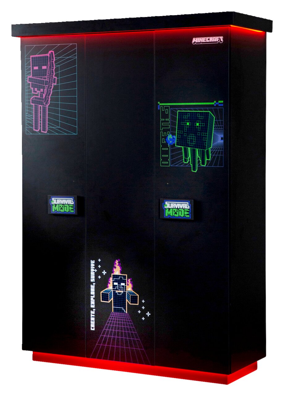 Schwarzer dreitüriger Kleiderschrank mit Minecraft-Motiven und roter LED-Beleuchtung, Frontalansicht