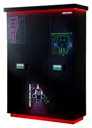 Schwarzer dreitüriger Kleiderschrank mit Minecraft-Motiven und roter LED-Beleuchtung, Frontalansicht