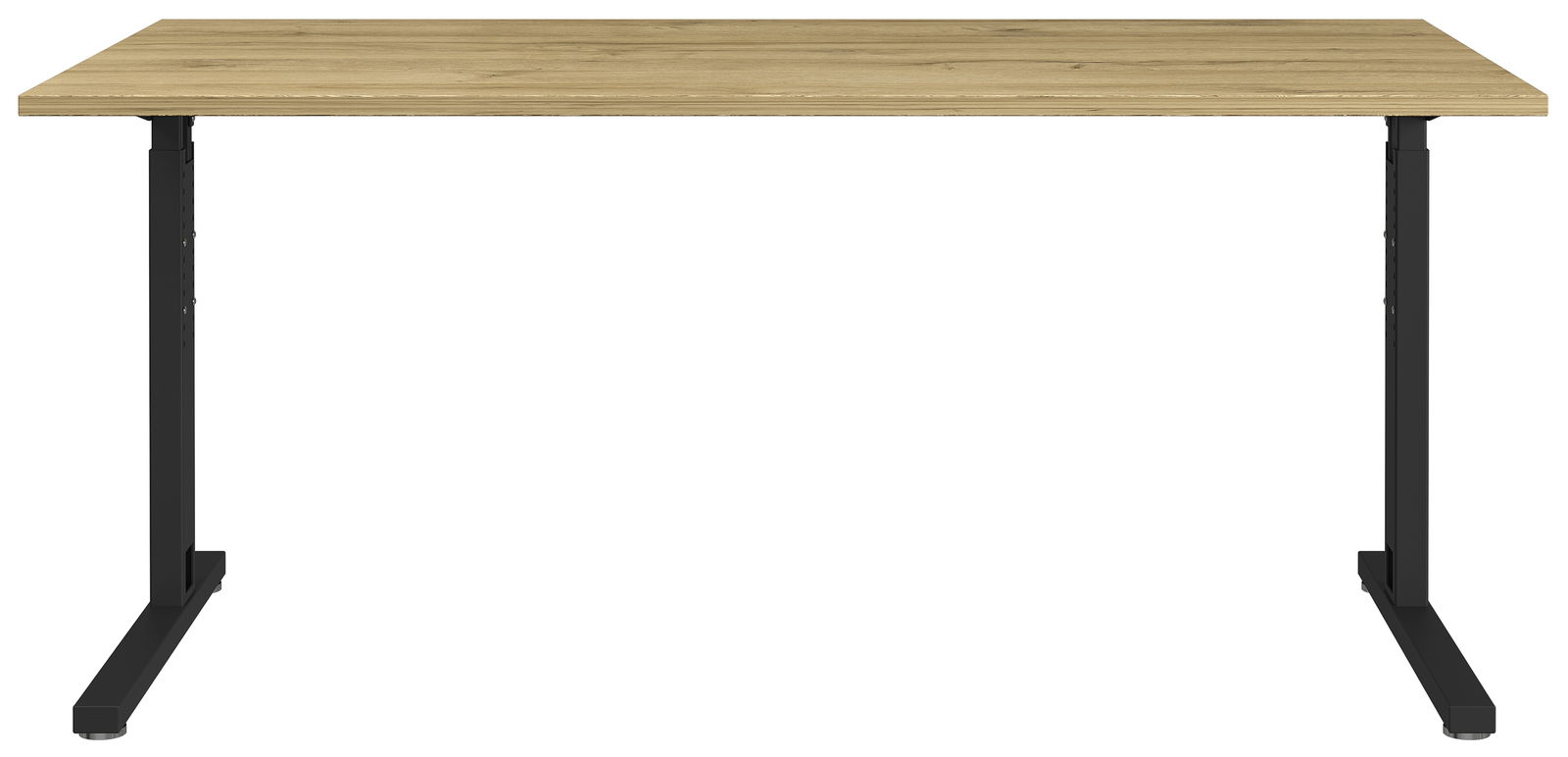 Moderner Schreibtisch mit Holzplatte und schwarzen Metallbeinen, Frontalansicht.