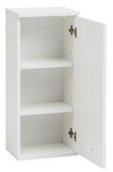 Weißer Oberschrank mit geöffneter Tür, zwei Einlegeböden und seitlicher Perspektive