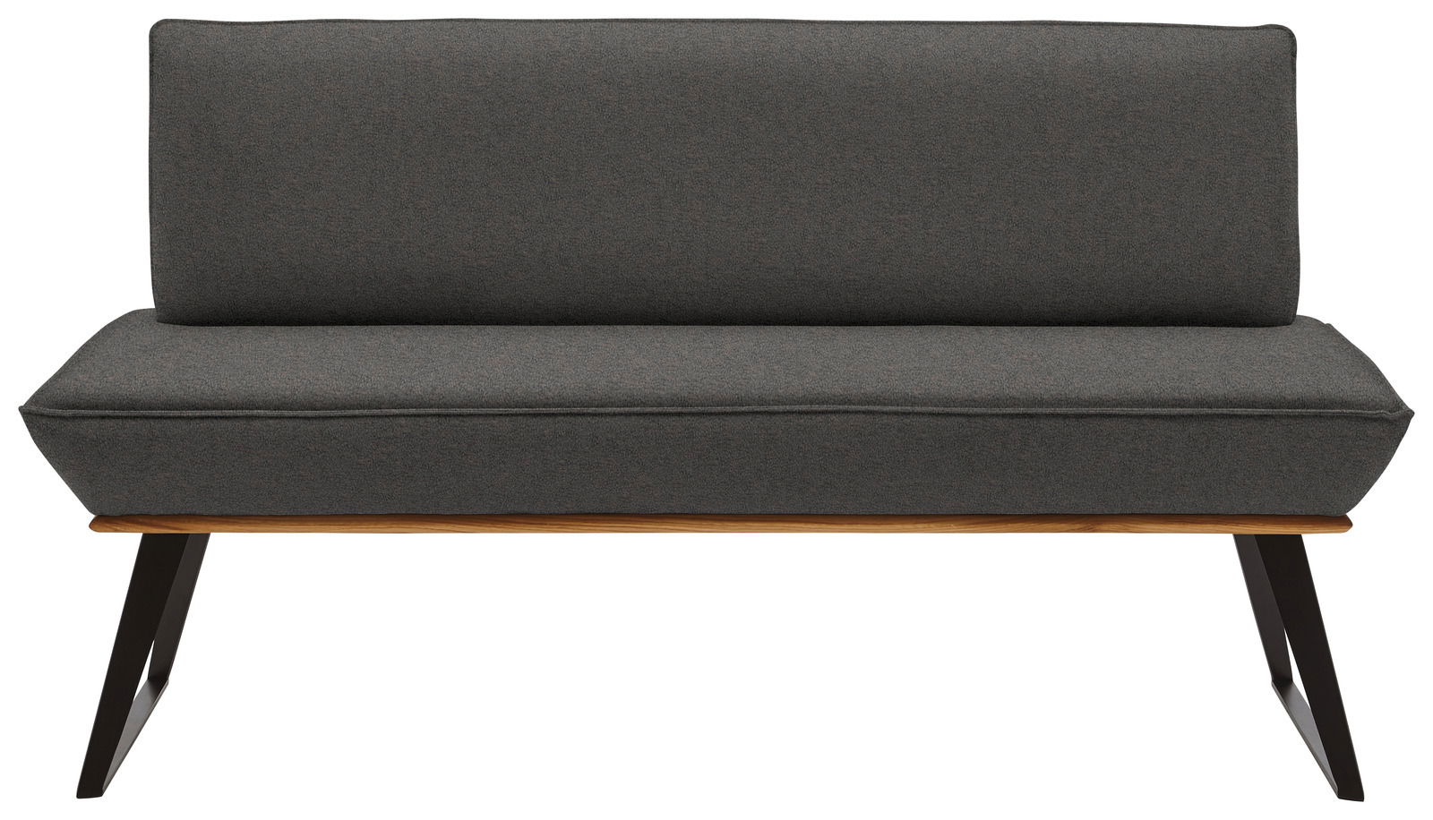 Graue Bank mit Stoffbezug, Holzrahmen und schwarzen Metallbeinen, Frontalansicht