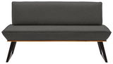 Graue Bank mit Stoffbezug, Holzrahmen und schwarzen Metallbeinen, Frontalansicht