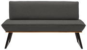 Graue Bank mit Stoffbezug, Holzrahmen und schwarzen Metallbeinen, Frontalansicht