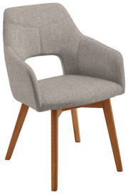 Moderner grauer Sessel mit Holzbeinen, seitliche Perspektive