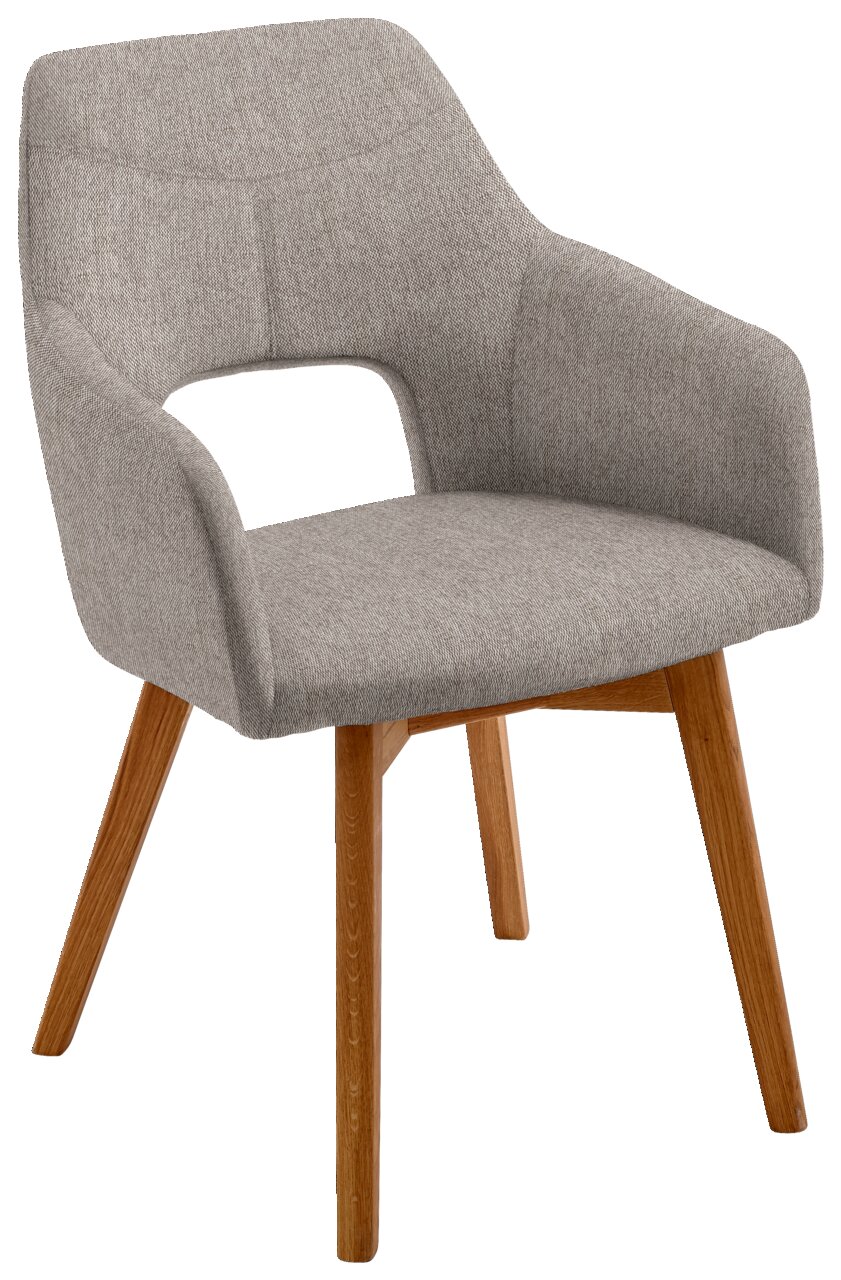 Moderner grauer Sessel mit Holzbeinen, seitliche Perspektive