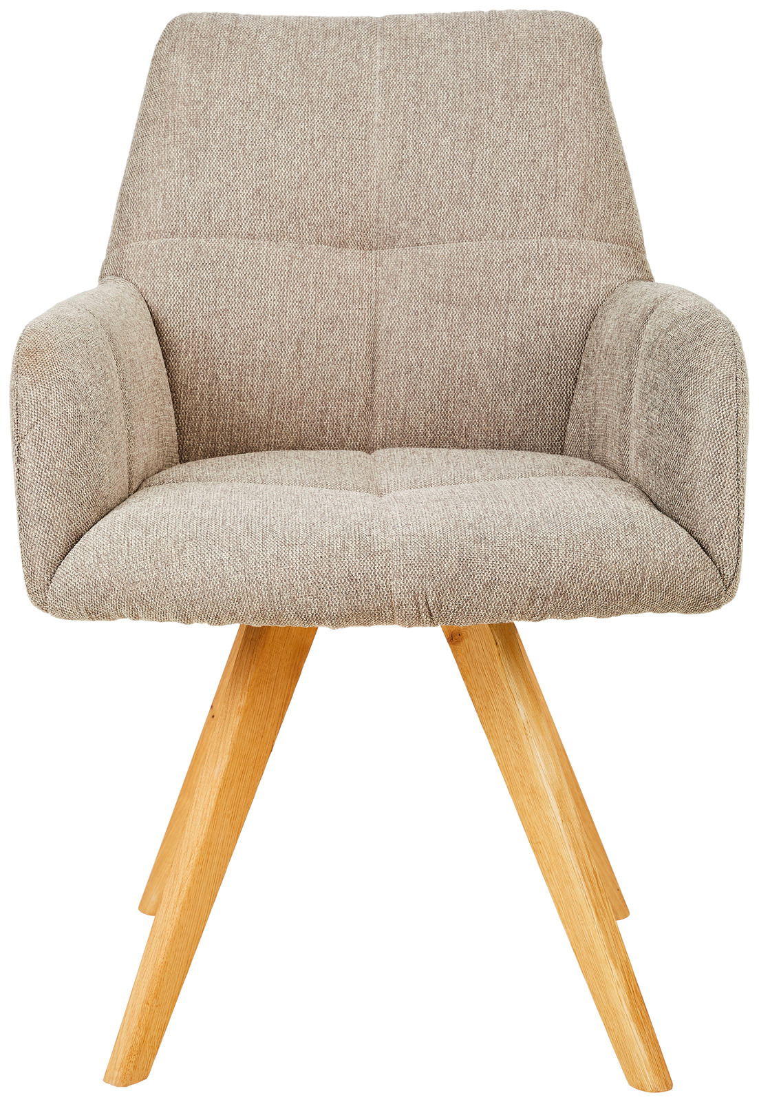 Frontansicht eines beigen Armlehnstuhls mit Holzbeinen, Modell PISA von Linea Natura.