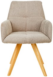 Frontansicht eines beigen Armlehnstuhls mit Holzbeinen, Modell PISA von Linea Natura.