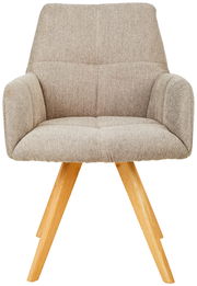 Frontansicht eines beigen Armlehnstuhls mit Holzbeinen, Modell PISA von Linea Natura.