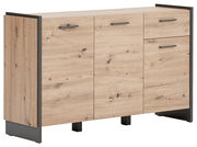 Modernes Sideboard aus hellem Holz mit drei Türen und einer Schublade, seitliche Perspektive