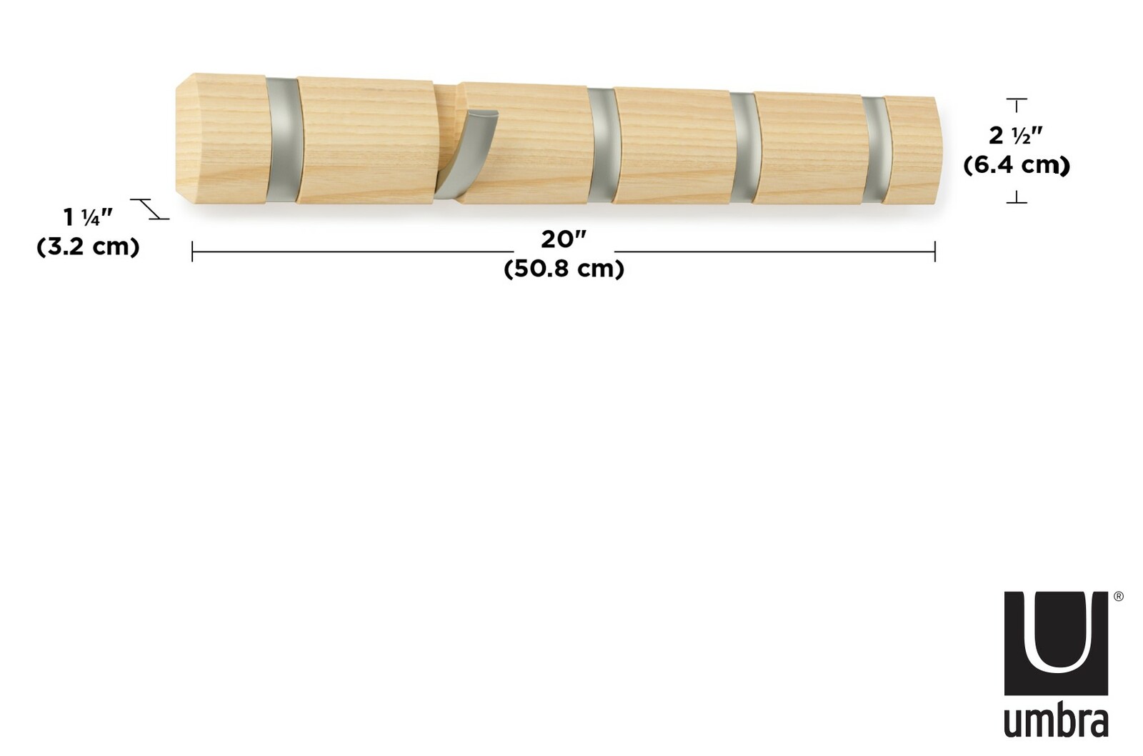 Wandgarderobe aus hellem Holz mit ausklappbaren Haken, seitliche Perspektive