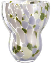 Bunte Vase mit organischem Muster in Weiß, Grün und Lila, seitliche Perspektive