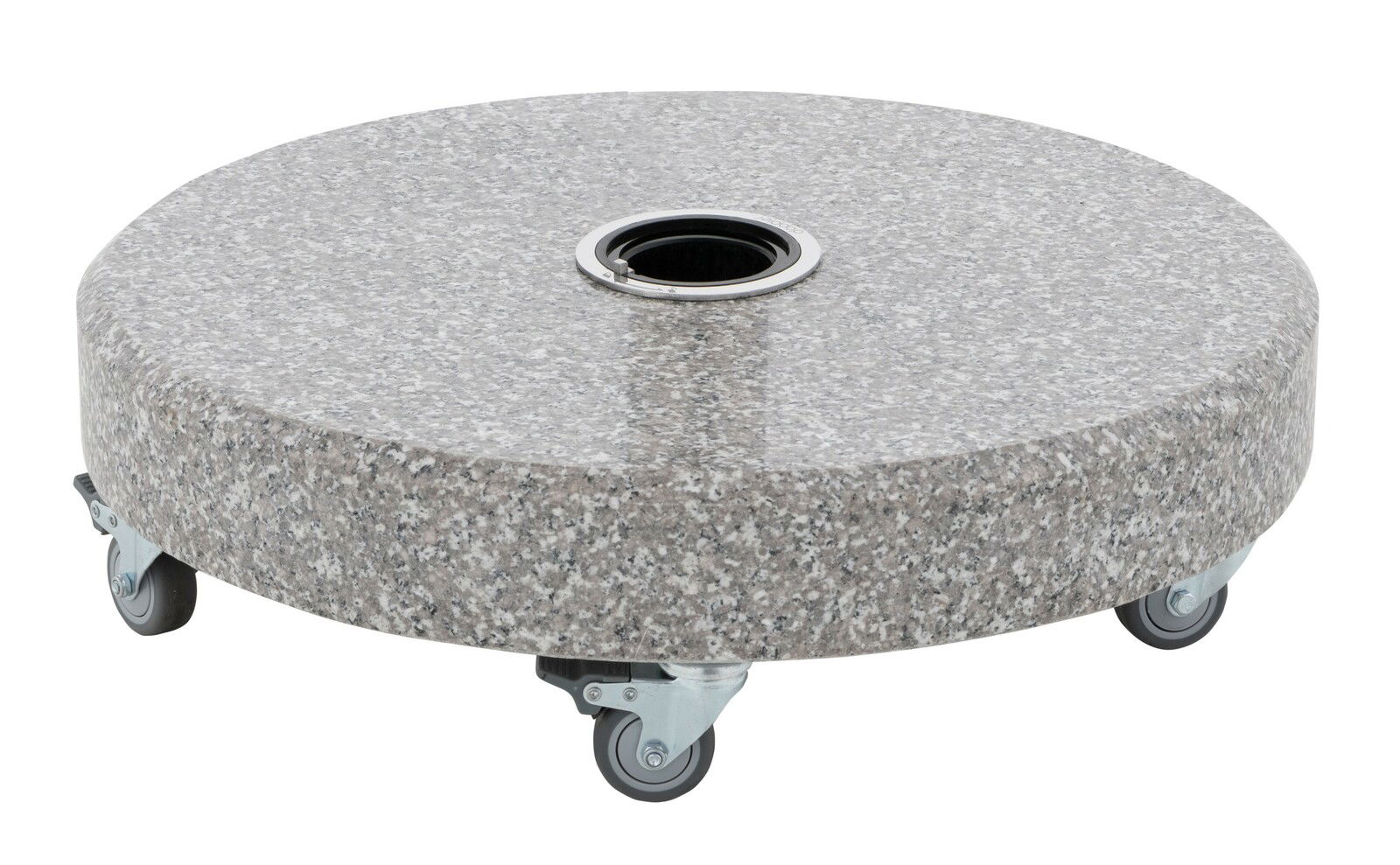 Runder Granitsockel mit Rollen, seitliche Perspektive